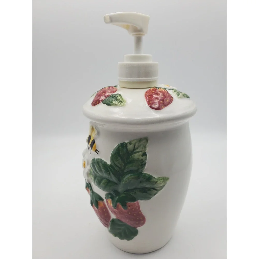 Vintage KK Ceramic Strawberry & Bee Soap or Lotion Dispenser